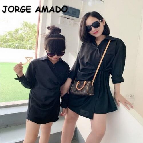 2021 New Summer Family Matching Dress Slim Fit Defined Waist Bandage Shirts Dresses Mother Daughter Matches Suit E2107