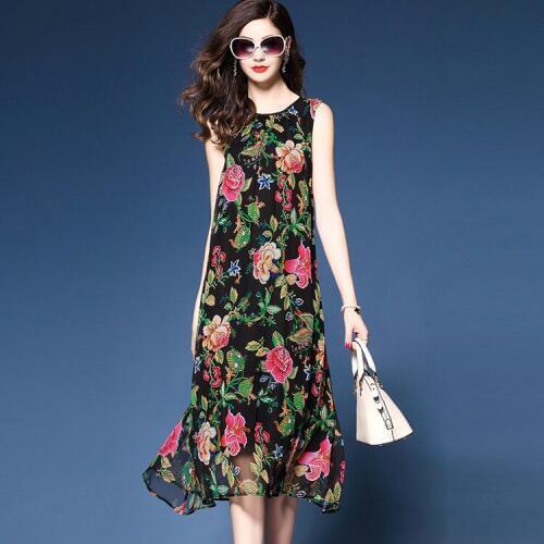 Spring and Autumn women chiffon dress short sleeves O-Neck elegant one-piece loose dress for summer free shipping