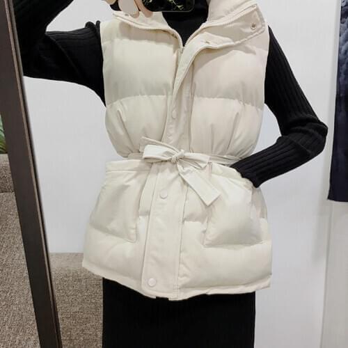 Women Vest Winter Jacket Pocket Hooded Coat Warm Casual Cotton Padded Vest Female Slim Sleeveless Waistcoat Belt In Stock