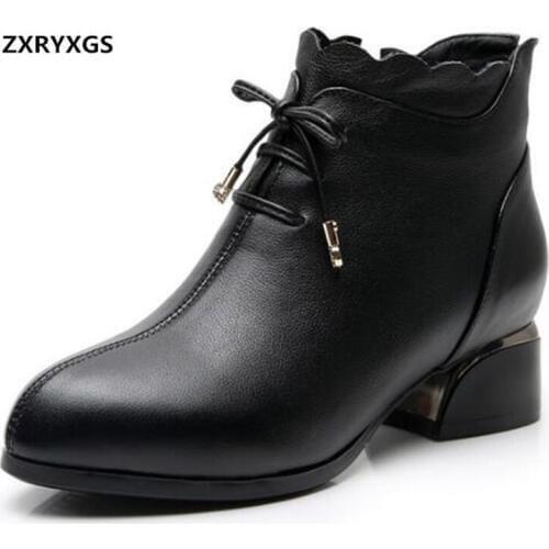 Noble Elegant Pointed Autumn Boots Women Boots Fashion Wild Bow Genuine Leather Boots Thick Heel Shoes Comfort Warm Snow Boots