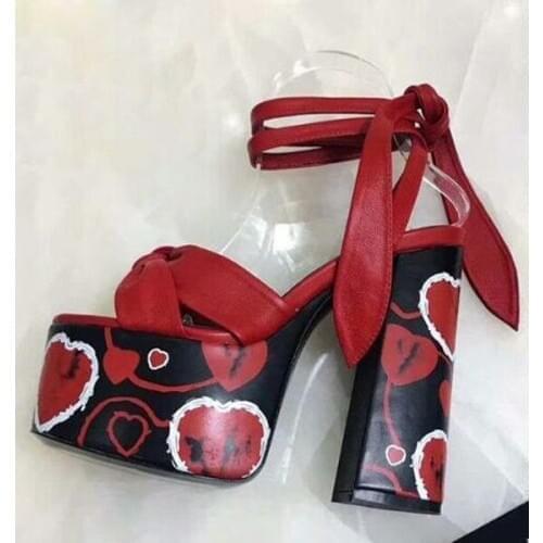 Ins Hot Heart Printed Platform Suede Leather Bowtie Lace Up Sandals 14cm Chunky Heels Female Gladiator Knot Zapatos Mujer