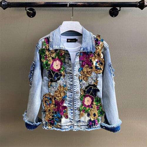 European Station Heavy Industry Diamond-Encrusted Denim Jacket Fashion Trend 2021 Spring New Flower Sequined Slim Denim Jacket