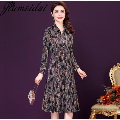 JiuMeiDai 2021 Women Autumn Elegant A-Line Polo Dress Office Lady Print Robe Femme Vintage Designer Party Clothing Plus Size