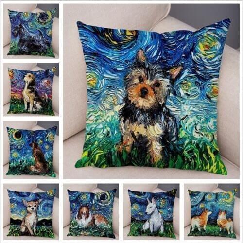 Colorful Pet Shepherd Dog Cushion Cover Pillow Case Pillow Covers Decor Oil Painting Cartoon Animal Short Plush Pillowcase 45x45