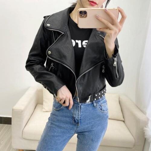 Black Beige Red Short Faux Leather Jacket Women Fashion Rivet Spring Autumn 2021 Korean Motorcycle Biker Jacket Female Outerwear