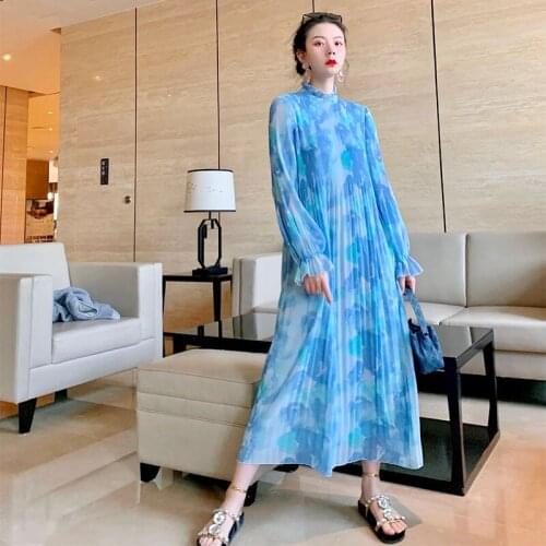 HOT SELLING Miyake fashion fold ruffled collar print dress long sleeve loose dress IN STOCK