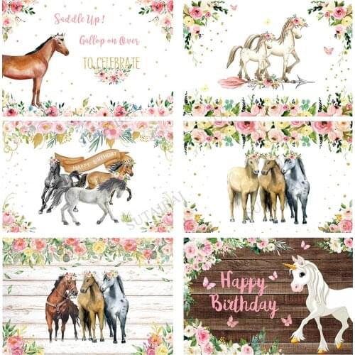 Horse Happy Birthday Party Photo Backdrop Custom Boys Girls Portrait Flower Decoration Photography Background Banner PhotoStudio
