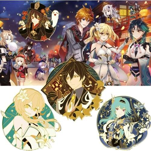 Genshin Impact Lumine Eula Hu Tao Morax Zhong Li Cosplay Metal Brooch Pin Alloy Badge Props