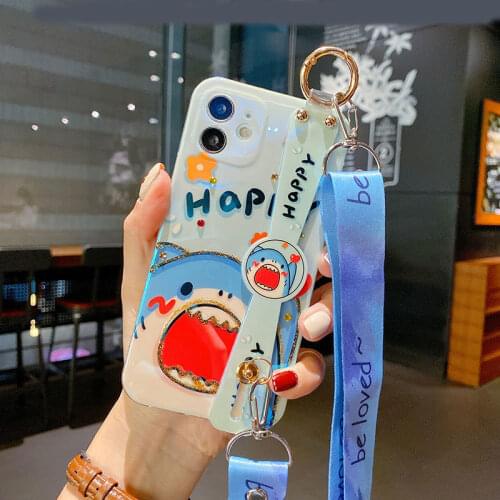 Cute Sandfish Cartoon Dot Diamond Mobile Phone Case Anti-Fall Soft Cover for IPhone 12 11 Pro XR XS Max X Fashion Lanyard Cover