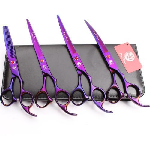 Z3003 4Pcs Set 7'' 19.5cm Violet Pets Hair Suit Cutting Shears +Thinning Scissors + Professional Dogs Cats Up/Down Curved Shears