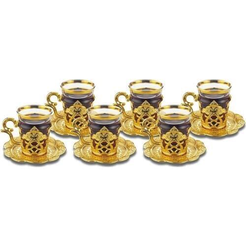 Set Of 6 Tea Glasses with Cup Holders and Cup Saucers Gold Silver Arabic Turkish Greek Tea Authentic New Home Wedding Gift