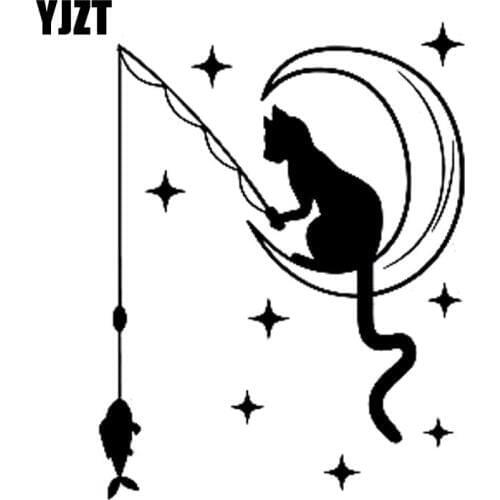 YJZT 11.6cm*15cm Vinyl Decal Cute Cat on Moon Fishing FISH Star Car Sticker Black Silver Accessories C11-0029