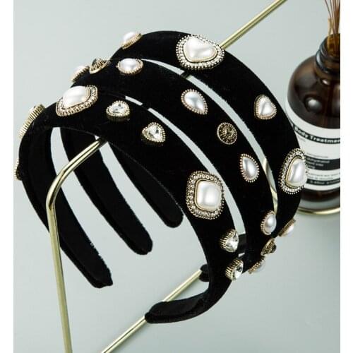 New Luxury Vintage Velvet Hair Accessories Black Crystal Baroque Hairband Elegant Rhinestone Pearl Headband For Women Wedding