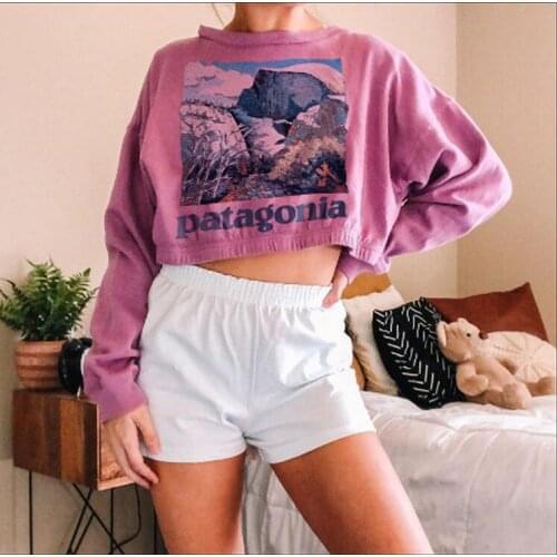 New Pullover Hoodies Fashion Womens Casual Landscape Print Short Sweatshirt Long Sleeve O Neck Crop Short Tops Moletom 2020