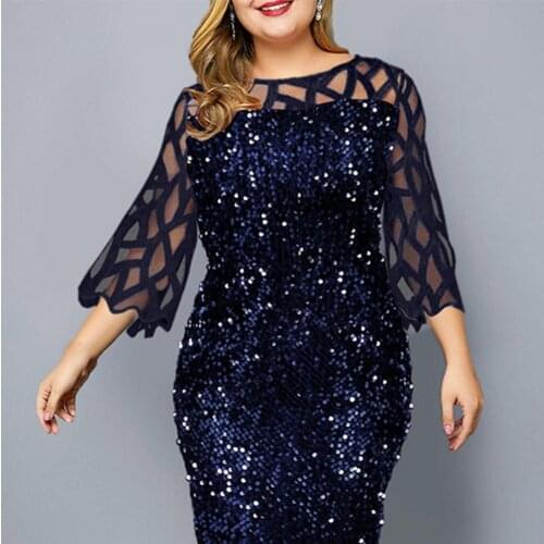 Slim Dress Banquet Womens Clothing Sequins Temperament Mesh Knee-Length Hollow Out Small Split Dress mom Women Summer Autumn