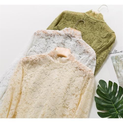 Autumn Winter Plus Size Women Long Sleeve Lace Shirts Slim Mesh Blouse All-match Lady Turtleneck Tops Pullovers Bottomings 1068