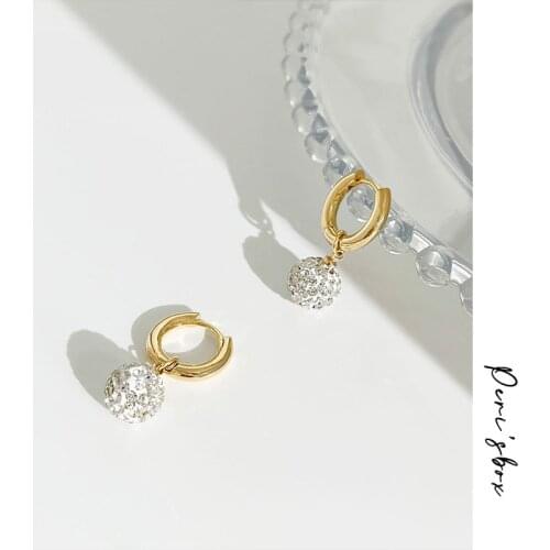 PerisBox Boho Gold Color Copper Rhinestone Ball Hoop Earrings For Women Simple Sparkly Crystal Ball Engagement Huggie Earrings