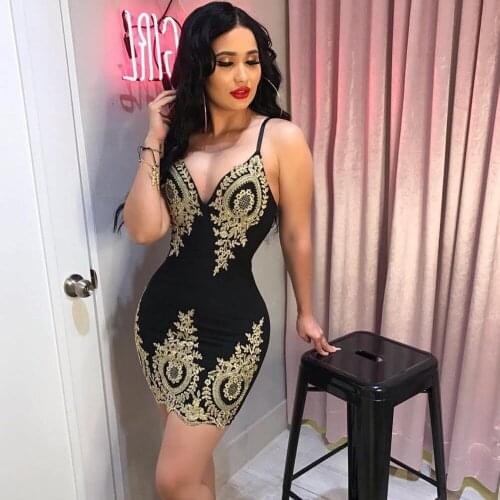 Sexy V-neck Spaghetti Straps Bodycon Dress Women Sleeveless Backless Appliques Black Mini Dress Female Party Club Dress Vestidos