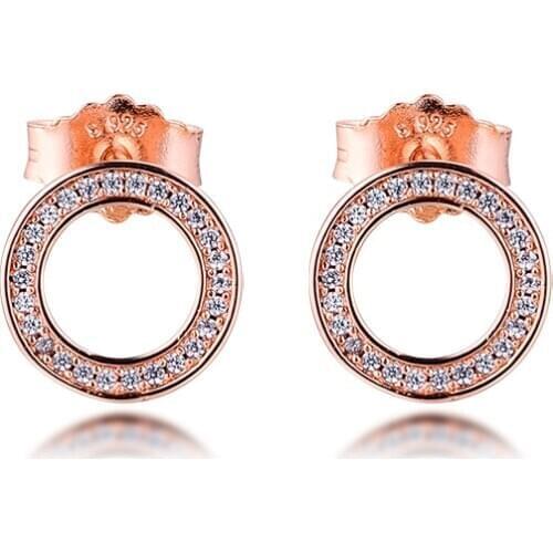 Authentic 925 Sterling Silver Rose Gold Sparkling Circle Stud Earrings for Women Fine Jewelry Sterling-Silver-Jewelry brincos
