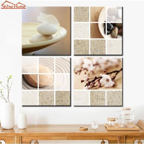 ShineHome-4Pcs Modular Wall Painting Canvas Picture Yoga Spa Salon Nail Body Massage Orchid Zen Stone Mosaic Prints for Kitchen
