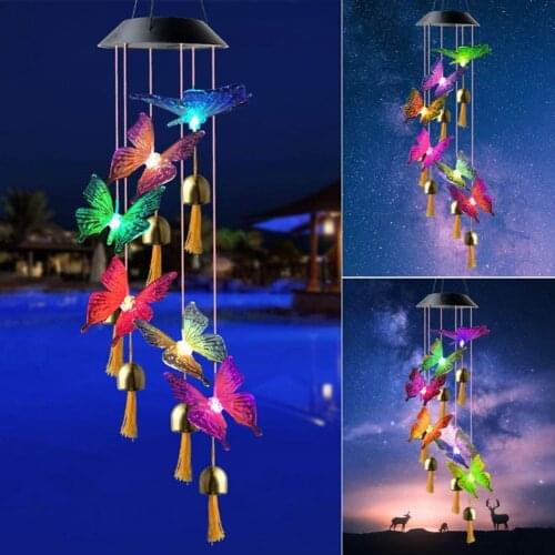 LED Solar Wind Chime Crystal Hummingbird Butterfly Wind Chime Light Color Changing Waterproof Hanging Solar Light For Garden