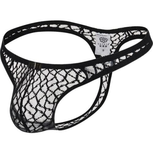 Sexy Men Underwear Lace Thong Tanga hombre G String Pouch Transparent Briefs Underpants T-Back Hollow Out Lingerie Male Panties