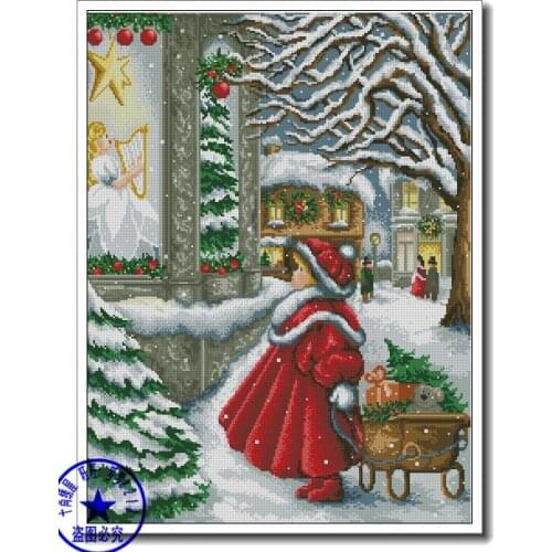 Top Quality Lovely Beautiful Counted Cross Stitch Kit Window Shopping Shopper Little Girl Christmas Gift Snow Street