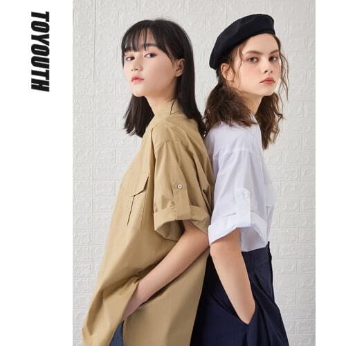 Toyouth Women Shirts 2021 Summer Folded Cuffs Turndown Collar Loose Blouses Solid Simple Work Style Tops