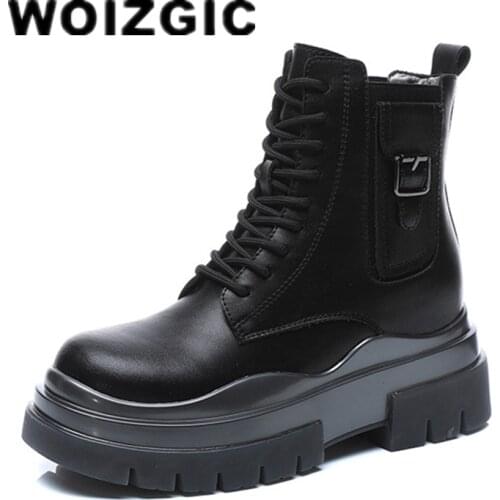 DONGNANFENG Womens Ladies Mother Female Genuine Leather Shoes Boots Platform Ankle Autumn Lace Up Motorcycle Boots Breathable