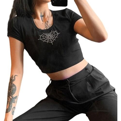 Women Summer Cropped Tops Short T-Shirt Thin Summer Round Neck Bare Navel Pullover Decorative Diamonds Crop Tops