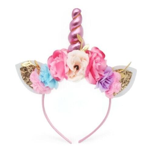 Brand New 2018 Women Kids Party Gold/Silver Unicorn Horn Headband Flower Horn Girls Headwear Birthday Hairband Hair Accessories