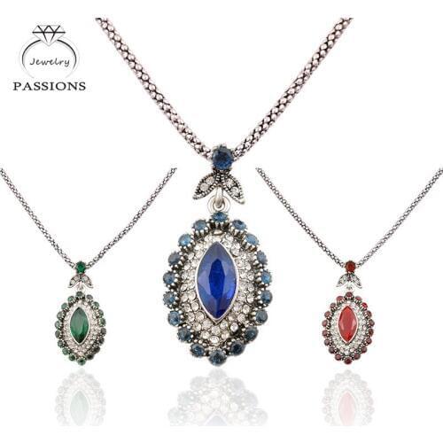 Top Vintage Silver Plated Maxi Necklace Colorful Rhinestone Pendant Necklace Sweater Chain Necklace For Women Wedding Party