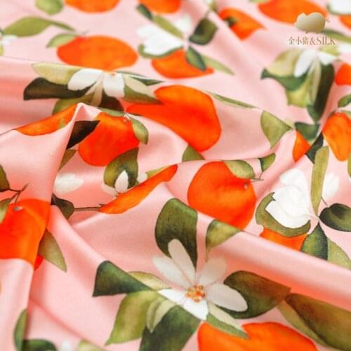 1.35 Meter X 1 Meter Fruits Orange Green Leaf Stretch Satin Wide Silk Fabric For Sewing Clothes