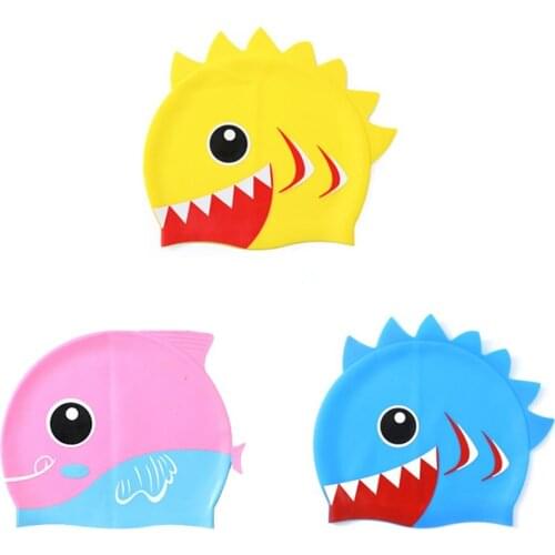 3Pcs Cartoon Swimming Cap Shark Children Silicone Kids Swimming Pool Hat Waterproof Protect Ears Boys and Girls Swim Equipment