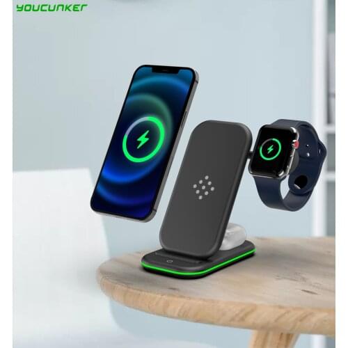 15W Qi Fast Charger for iPhone 12 Wireless Chargers 3 in 1 Foldable Charging Dock Station for Airpods Pro iWatch 10W Charging