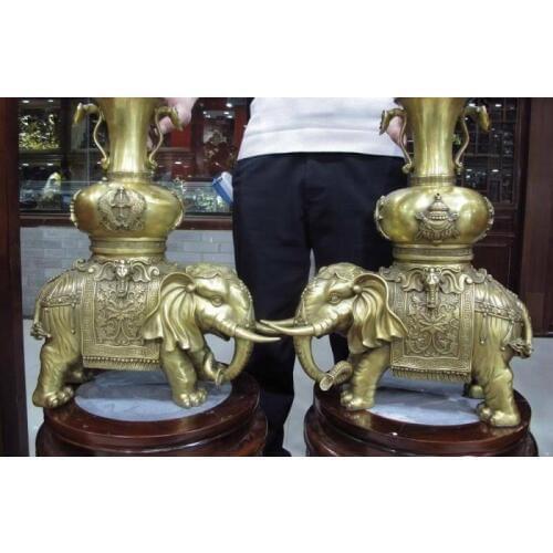 China Palace Copper Brass FengShui 8 treasures Elephant God Zun bottle Vase Pair