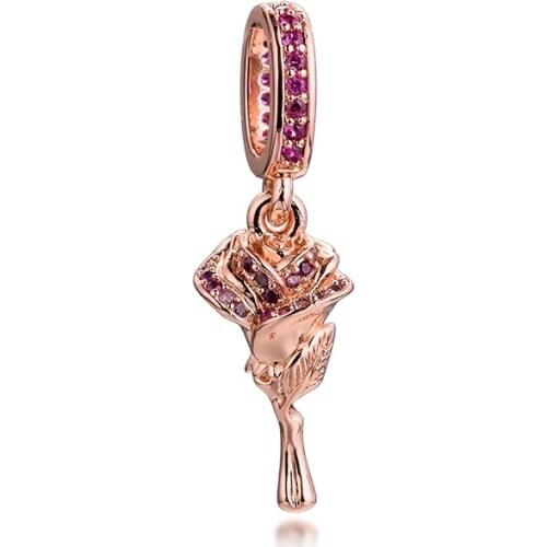 Valentines Day Rose Flower Dangle Charm Rose Gold Jewelry Fits Original Charm Bracelet & Necklace Woman DIY Bead