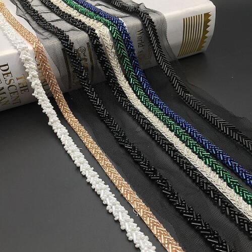 2Yards Champagne Beading Pearl Trims Beaded Ribbon For Sewing Clothing Collar Headdress Accessories Black Mesh Lace Decoration