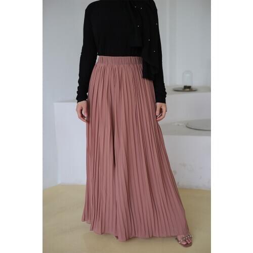 Summer Women Solid Pleated Chiffon Elastic Wide Leg Pants High Waist Casual Loose Culottes Trousers Holiday Muslim Bottoms Islam