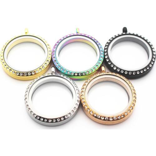 Mix 5pcs 30mm Crystal Stainless Steel Twist Floating Locket Necklace Round Sparkles Screw Open Glass Memory Locket