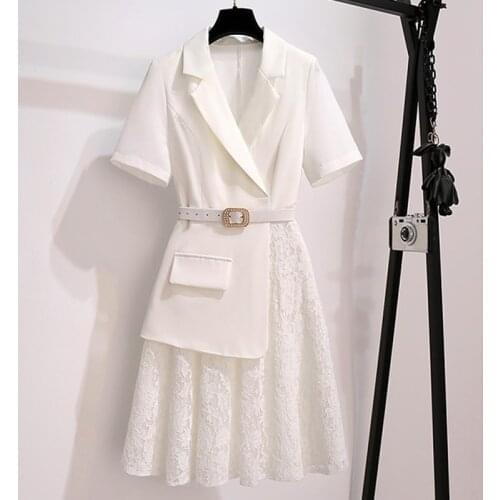 Fashion Runway Summer Blazer Dress Women Clothes 2021 Elegant OL Notched CollarPatchwork Tulle Party Office Vestidos with belt