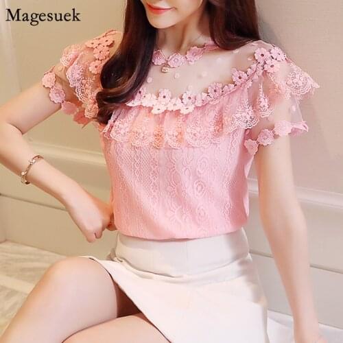 Fashion White Lace Blouse Women 2021 Short Sleeve Womens Shirt Tops Casual Floral Ladies Blouses Summer Clothing Blusas 0051