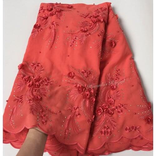 Soft Silky Coral Red Silver Classic African Swiss Lace Original High Grade chiffon Voile Lace Nigerian inspired Fabric 5 yards