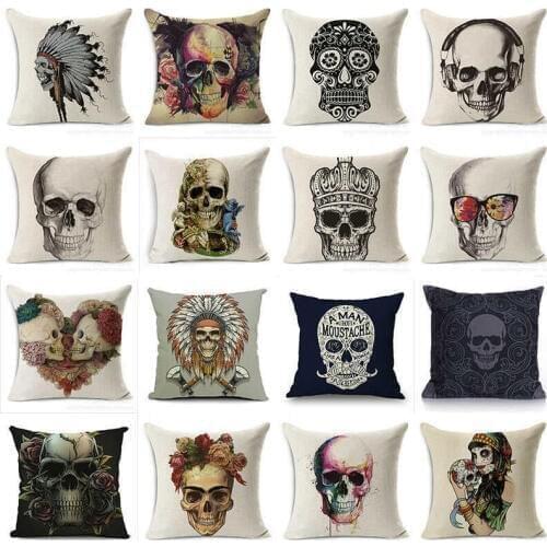Cushion Decor Sofa Waist Pillow Case Cotton Linen Vintage Home Halloween Skull Throw Pillow Cover