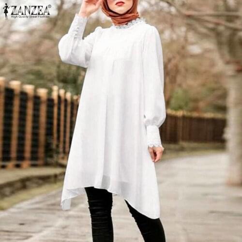 ZANZEA Autumn Blouses Irregular hem Muslim Long Tops Womens Vintage Full Sleeve Islamic Clothing Shirts Lace Patchwork Chemise