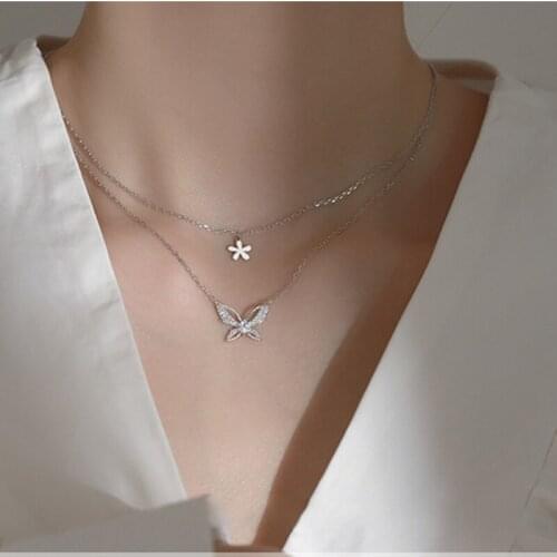 Luckydays 2021 New Female Jewelry Simple Necklace Accessories Flashing Diamond Double Flower Butterfly Necklace
