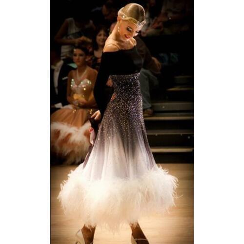 Ballroom dance dress ballroom dance competition dresses gray gradient Modern Waltz Tango Dance Dress ostrich feather dress