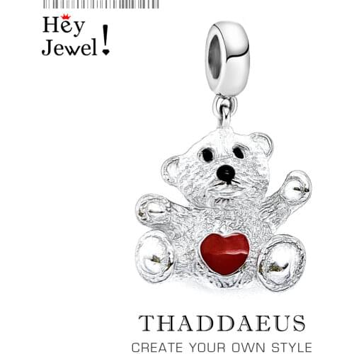 Authentic 925 Sterling Silver Teddy Bear Red Heart Charm Pendant Cute Gift For Women Fits Charms Bracelet Necklace DIY Jewelry