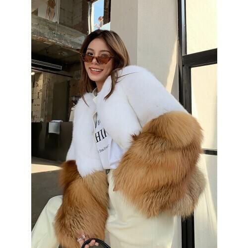 FURSARCAR Whole Skin Real White Fox Fur Coats With Red Fox Fur Sleeves Women Natural Fur Jacket Fashion Luxurious Winter Outwear