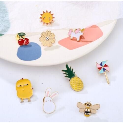 Cute Cartoon Yellow Chicken White Rabbit Horse Bee Cherry Carrot Windmill Sun Rainbow Alloy Brooches For Girls